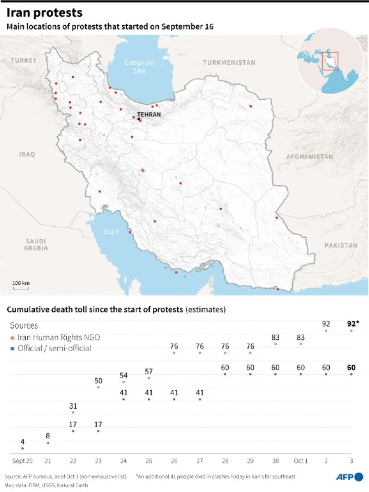 Graphic including map of Iran showing main locations of recent protests and chart showing estimated death toll