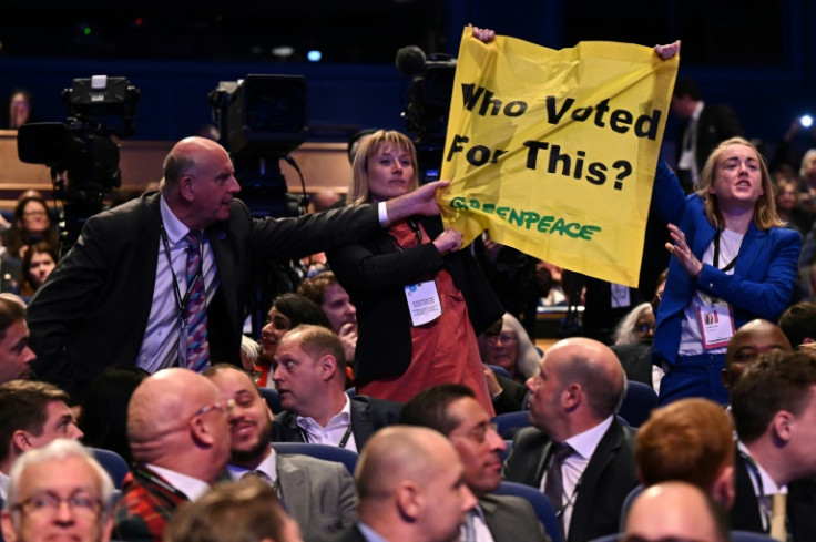 Truss's speech was interrupted by protesters from Greenpeace UK