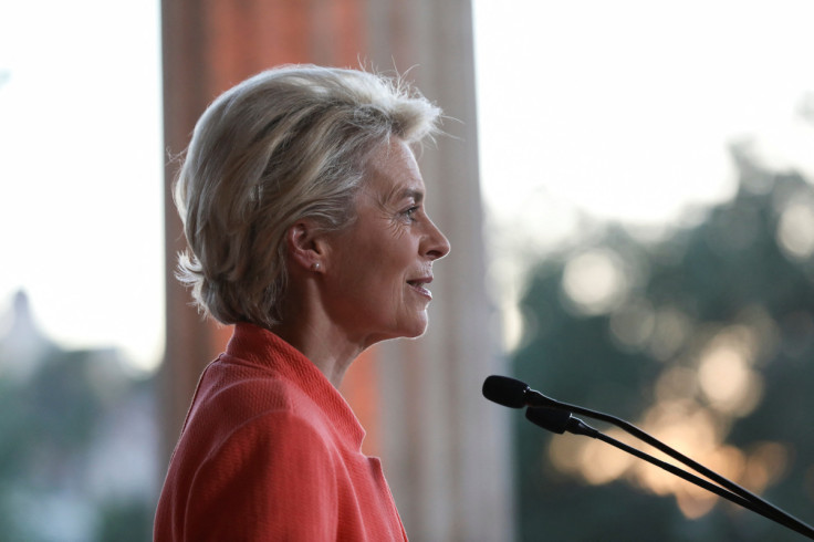 European Commission President Ursula von der Leyen speaks during the Athens Democracy Forum