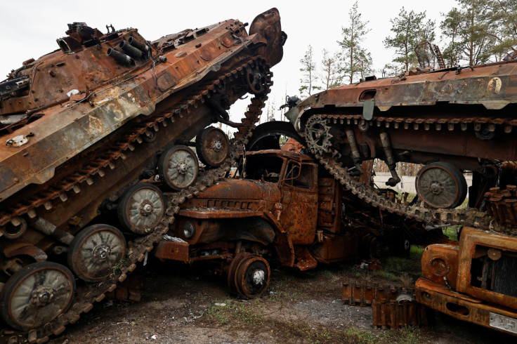 A view shows destroyed Russian tanks and armoured vehicles, amid Russia's invasion of Ukraine, in the recently liberated town of Lyman, Donetsk region