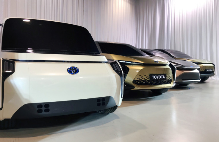 Toyota Motor displays concept versions of its next-generation electric vehicles at a news briefing in Tokyo