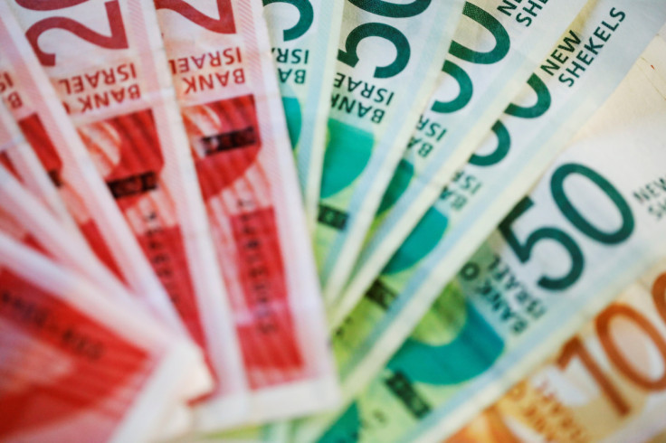 New Israeli Shekel banknotes are seen in this picture illustration