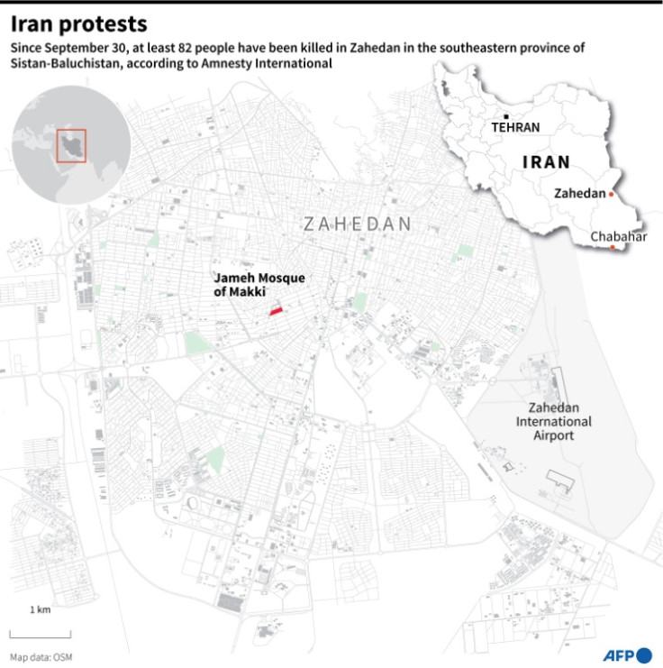 Graphic including showing map of Zahedan, where at least 82 people have been killed during protests since September 30