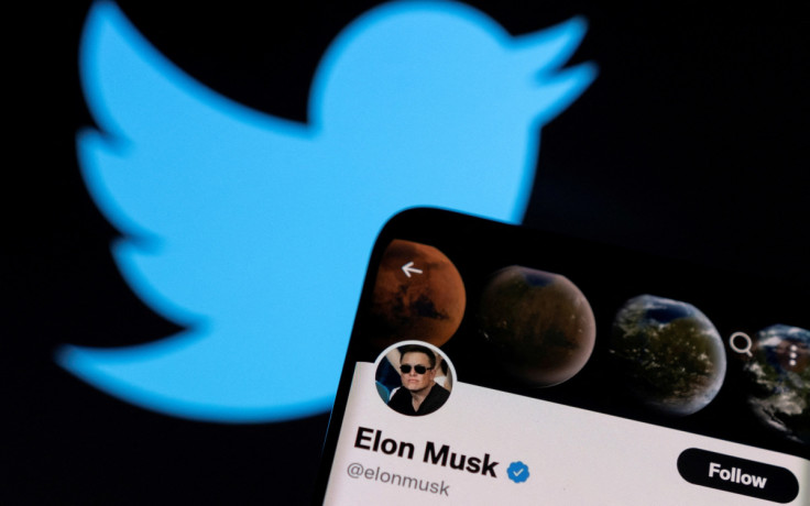 A photo illustration shows Elon Musk's twitter account and the Twitter logo