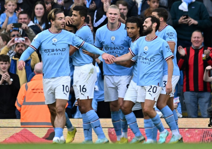 Manchester City's Erling Haaland (C) celebrates scoring against Southampton