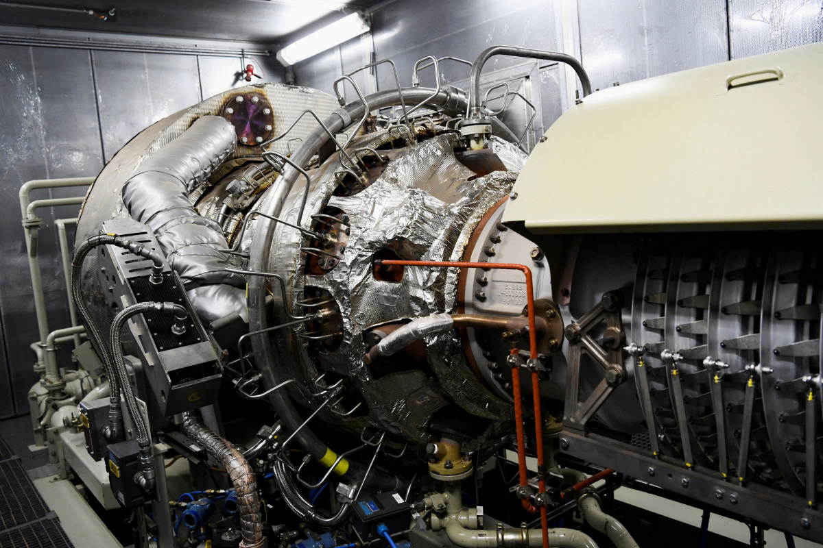 A gas turbine at gas trading company VNG AG in Bad Lauchstaedt, Germany