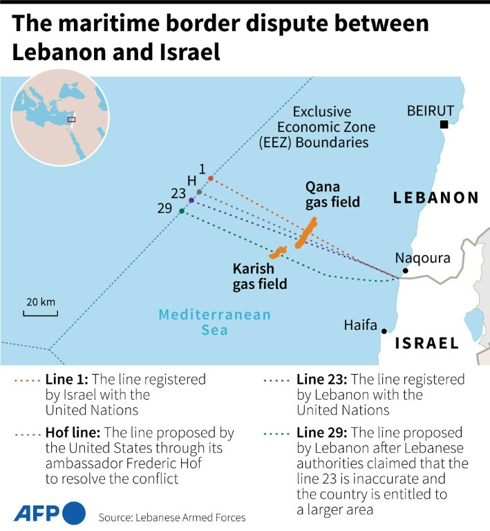 Map showing Israel-Lebanon maritime border claims