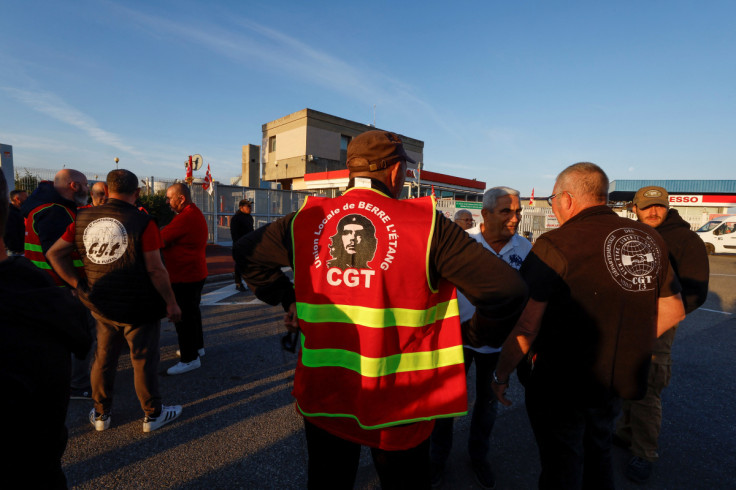 TotalEnergies and Esso ExxonMobil workers protest outside Esso refinery, in Fos-Sur-Mer