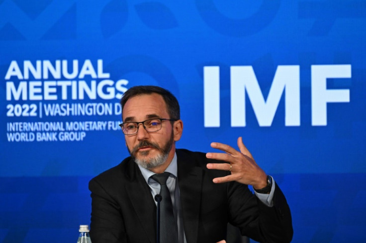 Chief economist of the International Monetary Fund, Pierre-Olivier Gourinchas, speaks at a press conference following the publication of the Washington-based lender's October 2022 global outlook