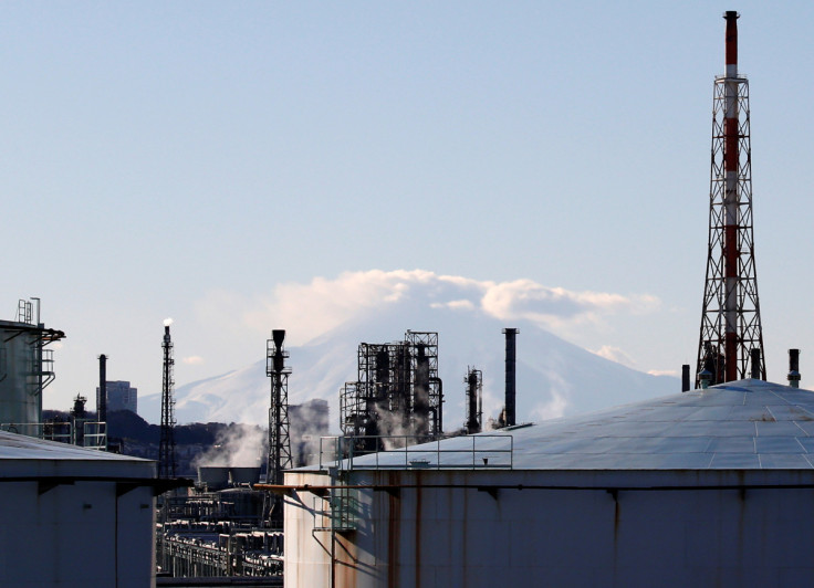 A factory area is seen in front of Mount Fuji in Yokohama