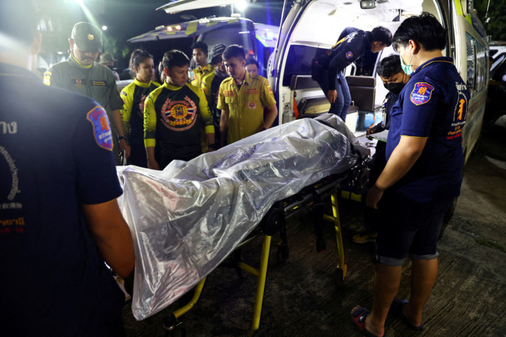 The body of a shooter Panya Khamrap is seen inside a body bag at Na Klang Police Station following a mass shooting, in the town of Uthai Sawan, around 500 km northeast of Bangkok in the province of Nong Bua Lam Phu, Thailand