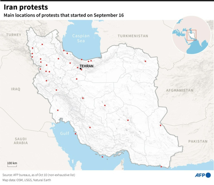 Map of Iran showing main locations of recent protests