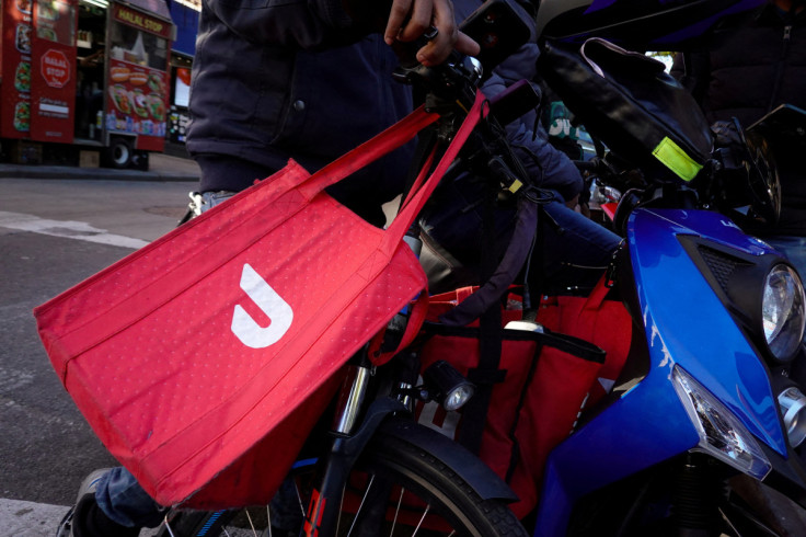 A DoorDash delivery bag is seen in Brooklyn, New York City