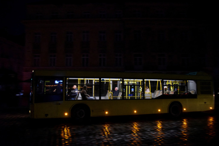 View shows a city without electricity after a Russian missile attack in Lviv