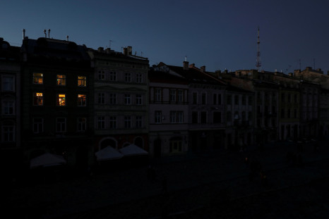 View shows a city without electricity after Russian missile attack in Lviv