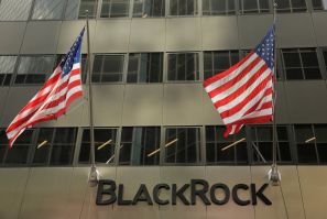 A sign for BlackRock Inc hangs above their building in New York