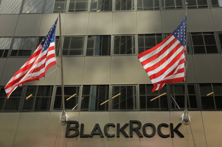 A sign for BlackRock Inc hangs above their building in New York