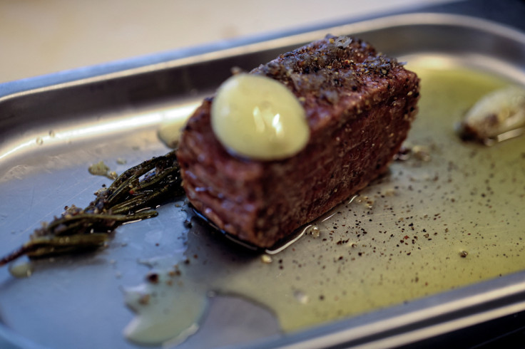 Butter melts on 3D printed plant-based vegan meat, produced by Israeli start-up Redefine Meat in Rehovot