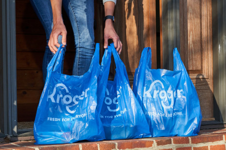 An undated handout photo shows Kroger grocery delivery bags in the U.S.