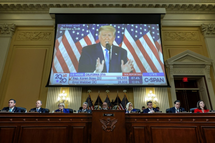 A video is shown of former US president Donald Trump at the House Select Committee hearing to Investigate the January 6 Attack on the US Capitol, on October 13, 2022