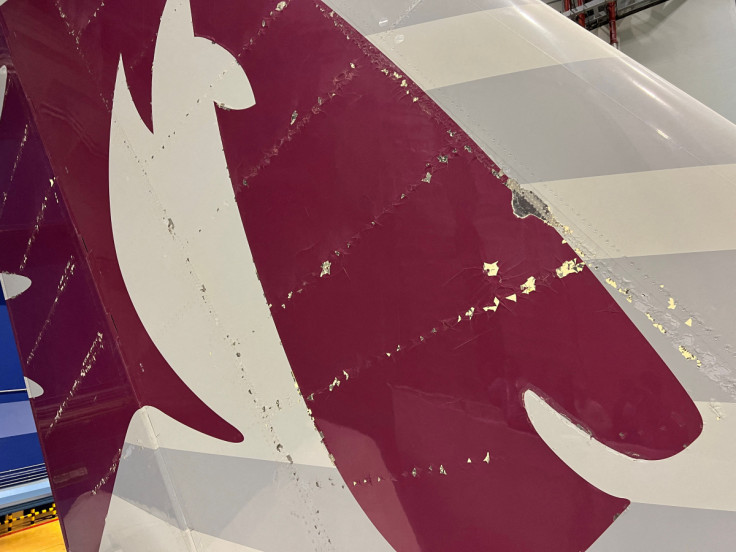 Surface damage seen on Qatar Airways' airbus A350 parked at Qatar airways aircraft maintenance hangar in Doha