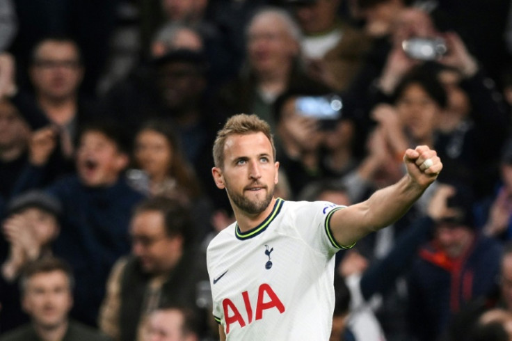 Tottenham forward Harry Kane celebrates scoring a penalty against Everton