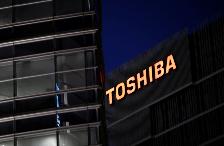The logo of Toshiba Corp. is seen at the company's facility in Kawasaki,