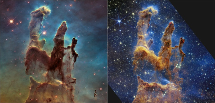 These handout photos provided by NASA show the 'Pillars of Creation' that are set off in a kaleidoscope of color in theJames Webb Space Telescope's near-infrared-light view (R) compared to the Hubble telescope's 2014 wider view in visible light