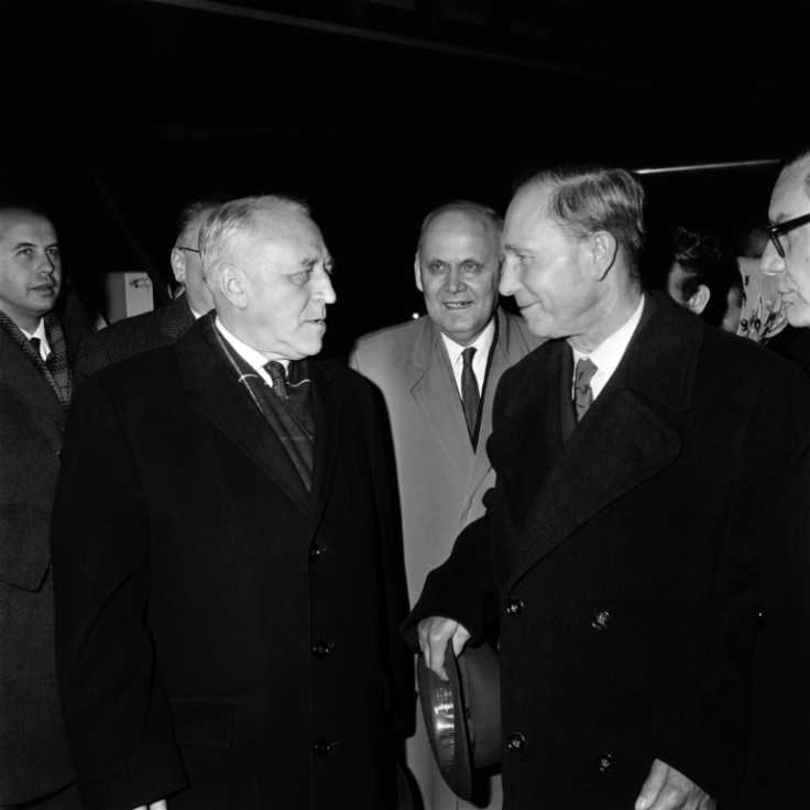 The Soviet Union's permanent delegate at the UN Security Council, Valerian Zorin (L), greets Soviet Deputy Foreign Minister Vasily Kuznetsov (R) on his arrival in New York, on October 29, 1962, as he comes to negotiate an agreement on ending the Cuban mis