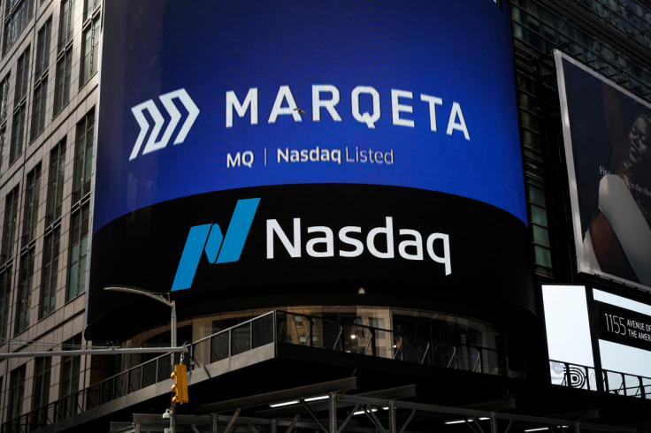 The logo for payments startup Marqeta Inc. is displayed on a screen during the company's IPO in Times Square in New York