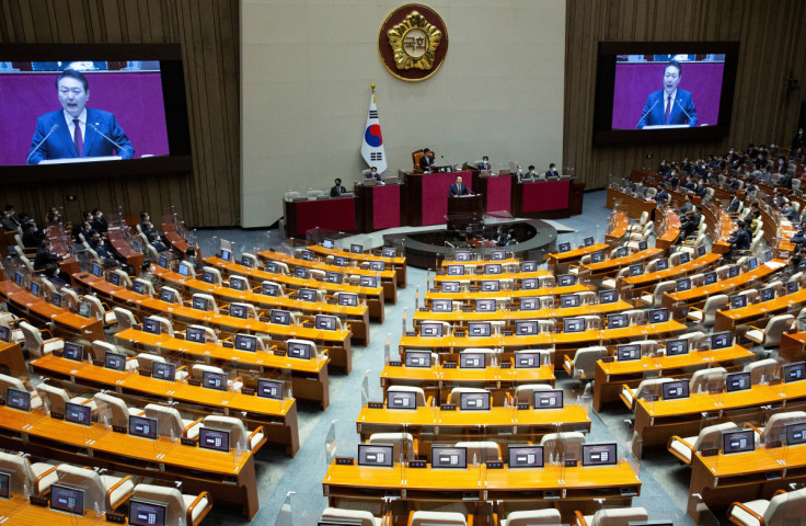 South Korea's President Yoon Suk-yeol gives a budget speech at the National Assembly in Seoul