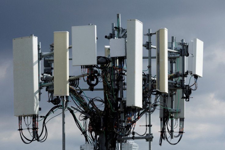 A large cell phone tower if shown in Santa Ana, California