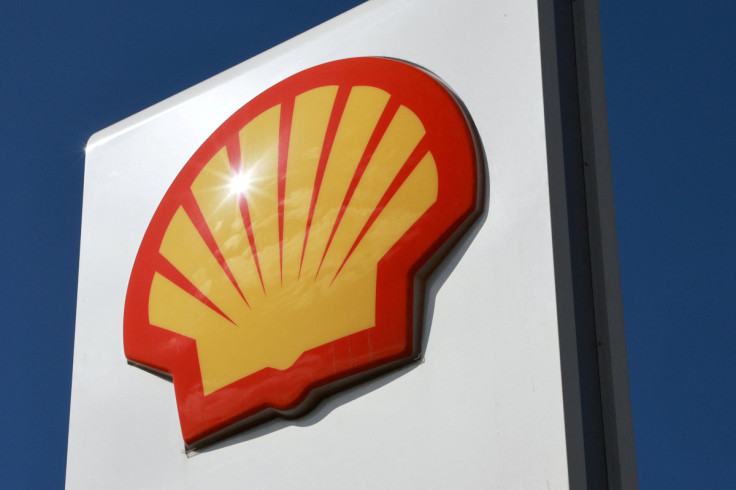 A view shows a board with the logo of Shell at the company's fuel station in Saint Petersburg