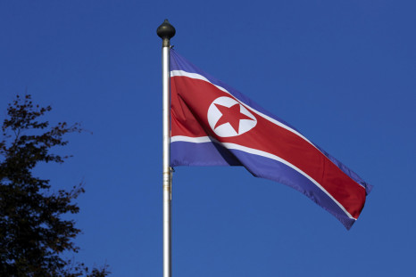 North Korean flag flies on a mast at the Permanent Mission of North Korea in Geneva