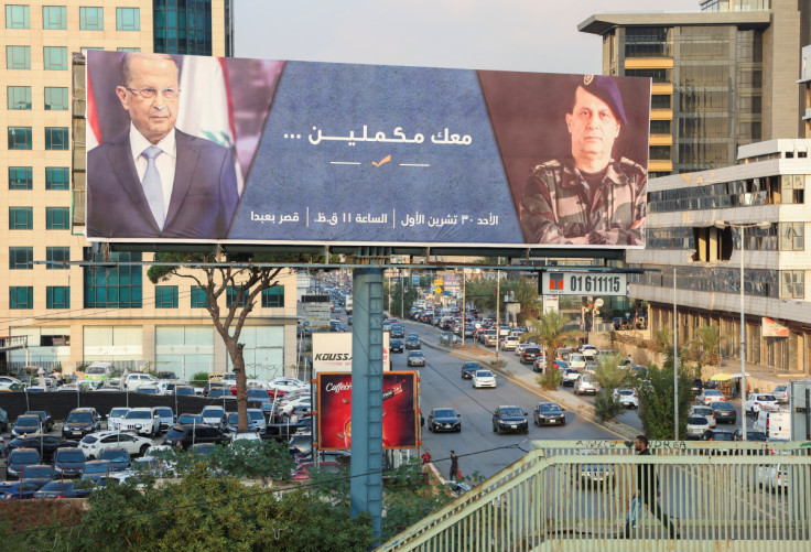 A billboard depicting Lebanon's President Michel Aoun, whose term is expected to end on October 31, is placed in Jdeideh