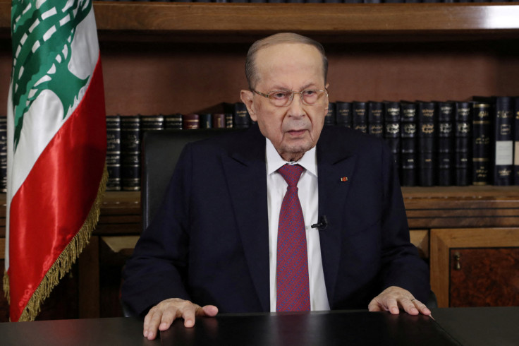 Lebanon's President Michel Aoun is pictured as he delivers a televised speech at the presidential palace in Baabda