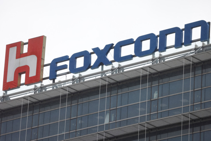 The logo of Foxconn is pictured on top of a company's building in Taipei