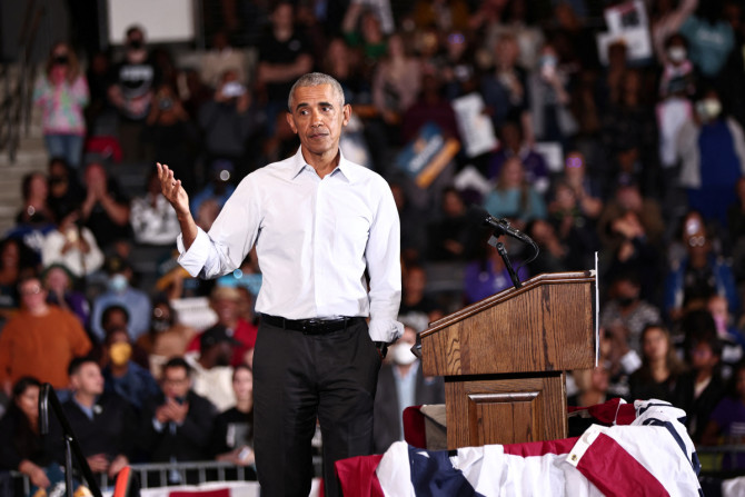 Former U.S. president Barack Obama attends a campaign rally for Senator Raphael Warnock, in Atlanta