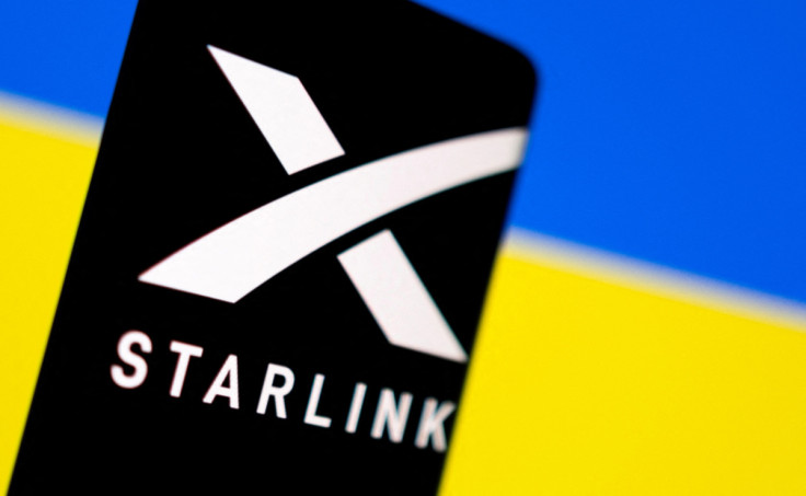 Illustration shows Starlink logo and Ukraine flag