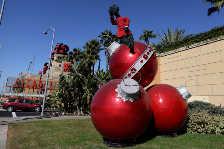 Holiday decorations are seen outside the Citadel Outlet shopping mall, as the global outbreak of the coronavirus disease (COVID-19) continues, in Commerce