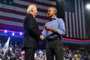 US President Joe Biden (L) was joined by ex-president Barack Obama at a rally for Democrats in Philadelphia, Pennsylvania three days before the November 8, 2022 midterms