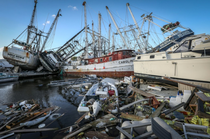 Boats piled up and destroyed by Hurricane Ian are seen on San Carlos Island in Fort Myers Beach, Florida, on November 7, 2022