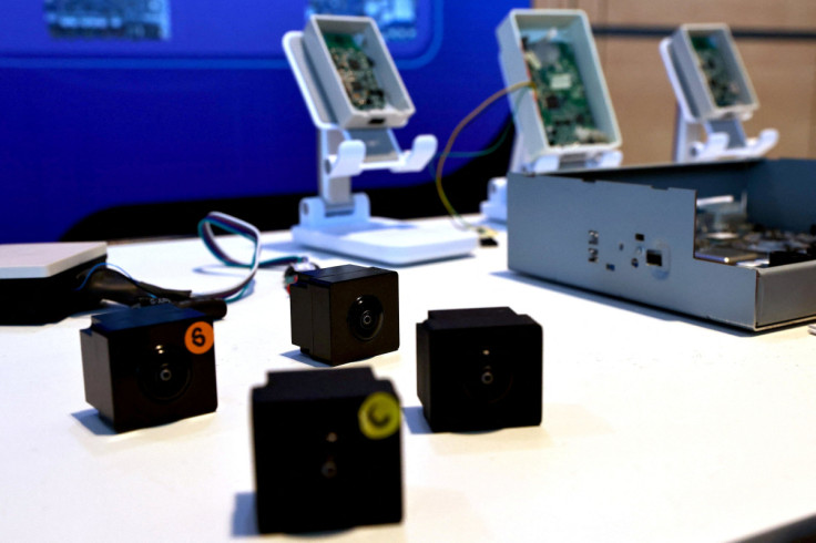 Simples of AVM cameras for electric vehicles are displayed at Foxconn's EV development platform MIH demo day, in Taipei