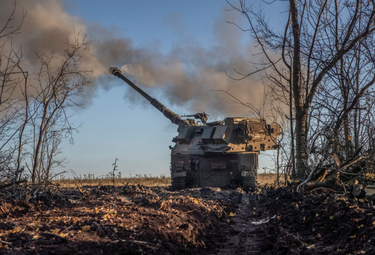 Ukrainian servicemen fire a Polish self-propelled howitzer Krab toward Russian positions in Donetsk region