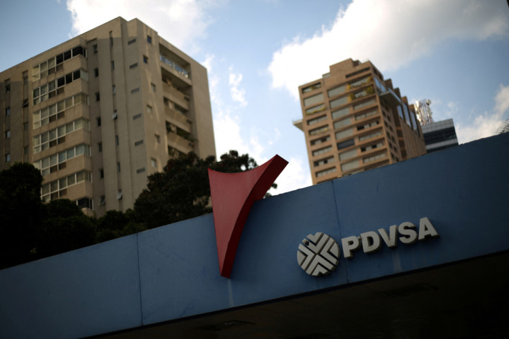 The corporate logo of the state oil company PDVSA is seen at a gas station in Caracas