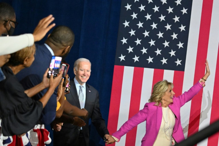 US President Joe Biden and First Lady Jill Biden arrive for an election eve rally at Bowie State University in Maryland on November 7, 2022