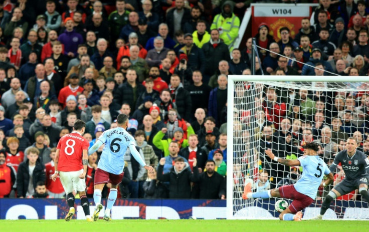 Manchester United midfielder Bruno Fernandes scores against Aston Villa