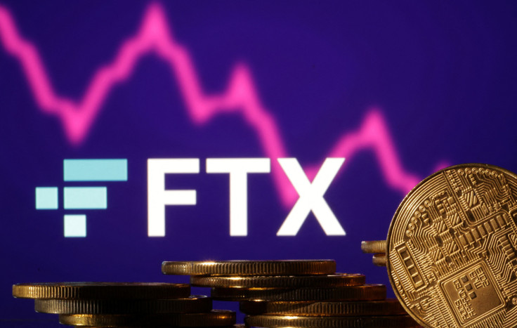 Image shows FTX logo, stock chart and cryptocurrency representation