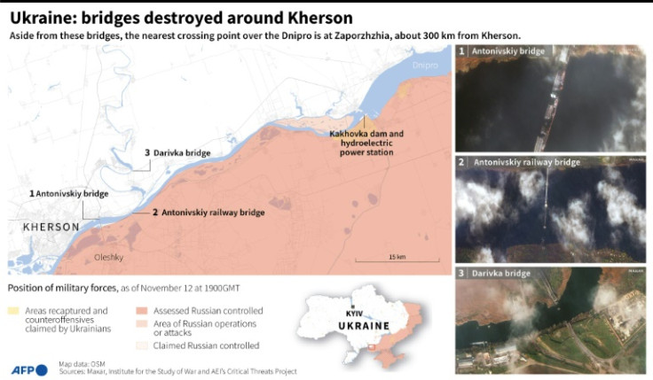 Map of region around Kherson in Ukraine and satellite photos of destroyed bridges on the Dnipro river