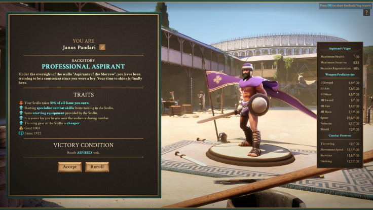 Gladiator game character screen